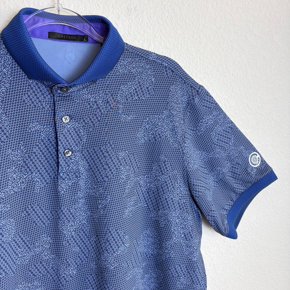 Greyson Mens Blue Tonal Micro Print Golf Polo Shirt Size Large Stretch Wolf Logo